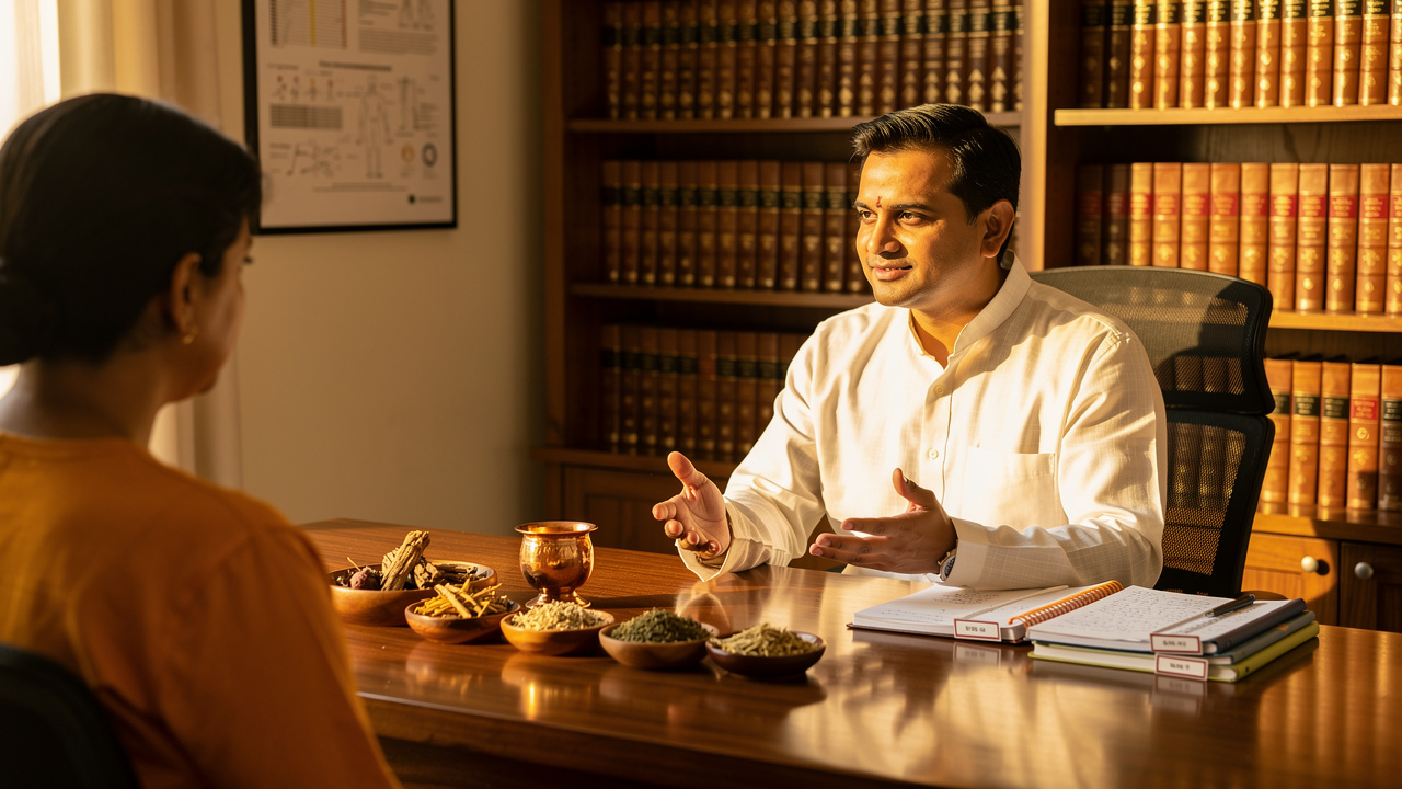 BAMS Ayurvedic practitioner consulting with patient about herbal products