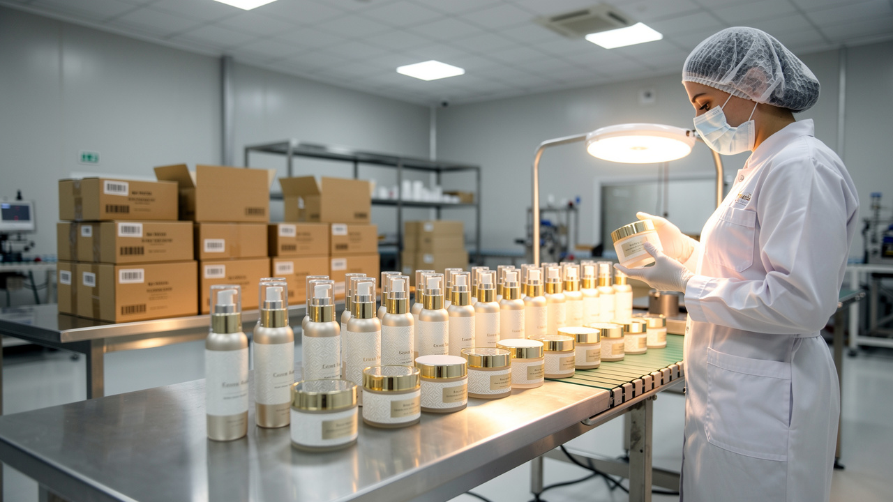 Kumkumadi cream packaging and dispatch at manufacturing facility