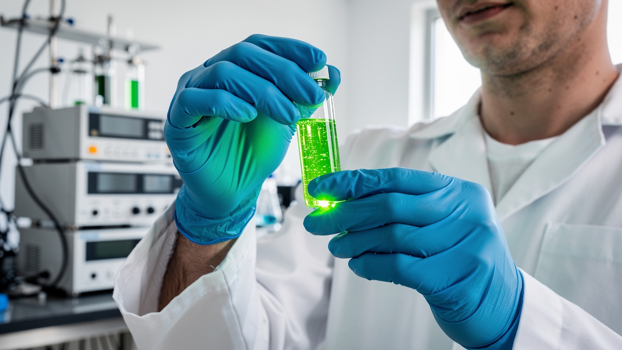 Lab technician testing spirulina extract quality in laboratory